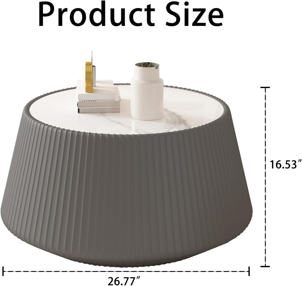 Round Coffee Table Set with Sintered Stone Tabletop, 26.77' Grey Drum Center Table and 19.68' Grey Coffee Table Set, 2 Pieces Living Room Table Set with Fluted PU Leather Cover& Stable Base