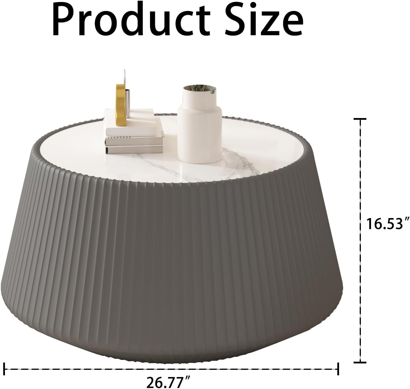 Round Coffee Table Set with Sintered Stone Tabletop, 26.77' Grey Drum Center Table and 19.68' Grey Coffee Table Set, 2 Pieces Living Room Table Set with Fluted PU Leather Cover& Stable Base