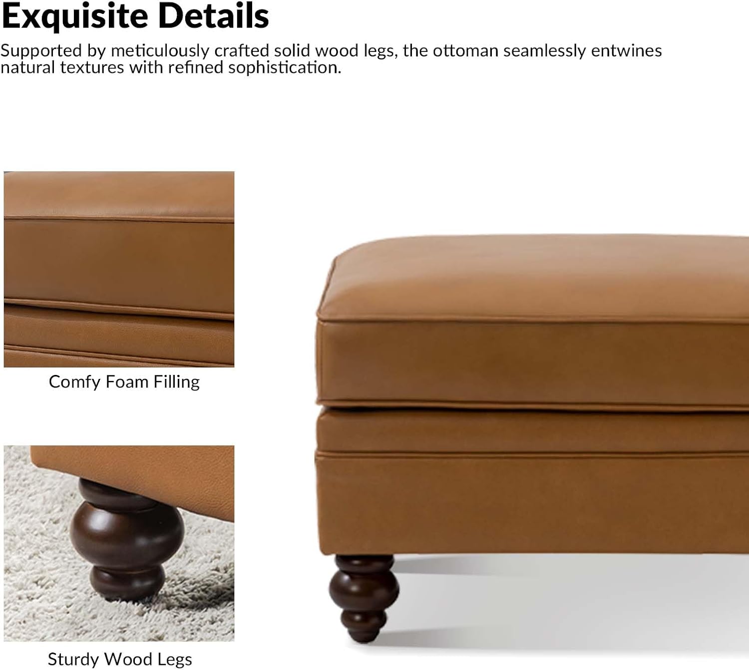HULALA HOME Genuine Leather Ottoman Coffee Table, Ottoman Foot Rest for Living Room, Camel