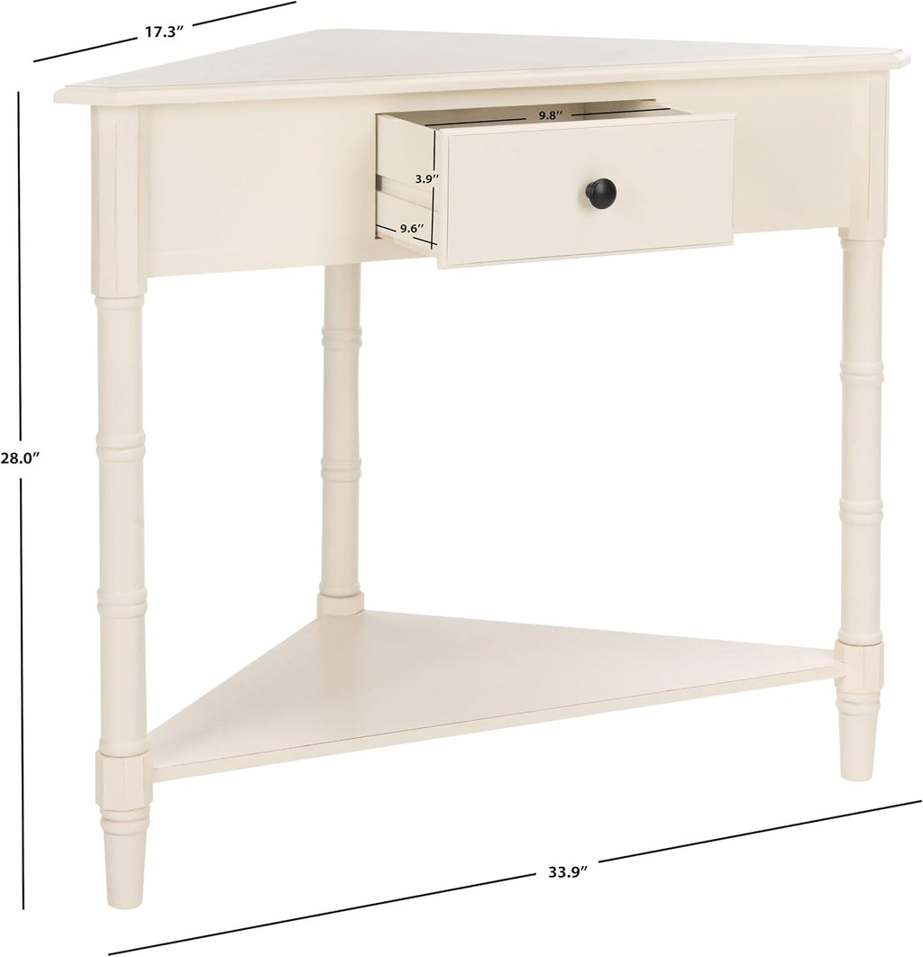 SAFAVIEH Furniture - Gomez 1-Drawer Corner Table - Distressed Cream - Solid Wood - Classic Corner Storage Design - Ideal for Entryway, Living Room, Home Office, 33.1'W x 17.3'D x 28'H (AMH5709C)