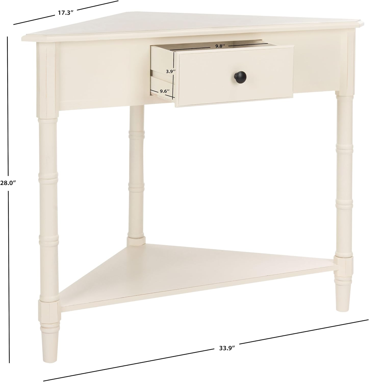 SAFAVIEH Furniture - Gomez 1-Drawer Corner Table - Distressed Cream - Solid Wood - Classic Corner Storage Design - Ideal for Entryway, Living Room, Home Office, 33.1'W x 17.3'D x 28'H (AMH5709C)
