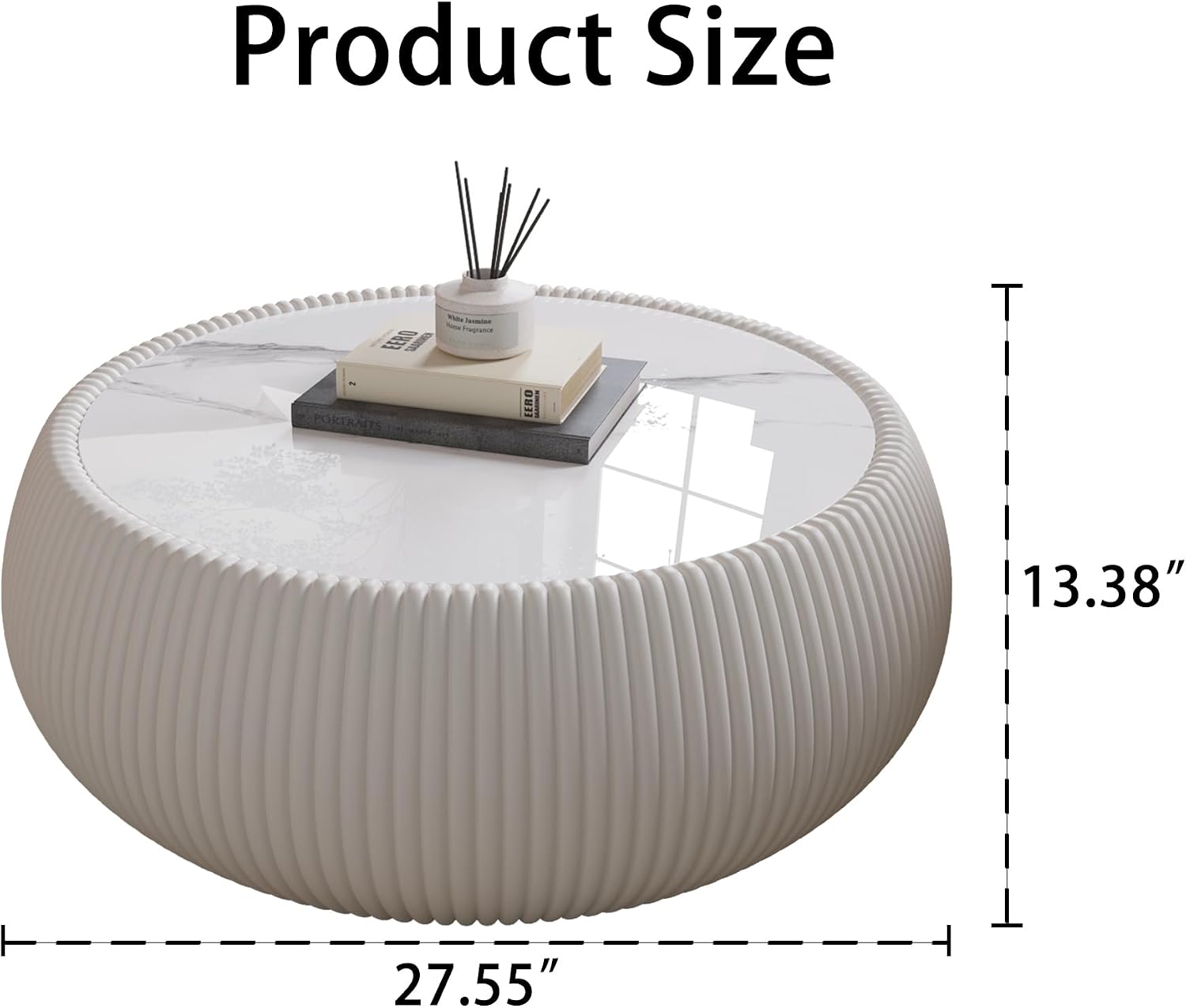 White Round Coffee Table with Sintered Stone Tabletop, 27.55' Drum Coffee Table with Fluted PU Leather Covered and Stable Base, Circle Cocktail Tea Table for Living Room