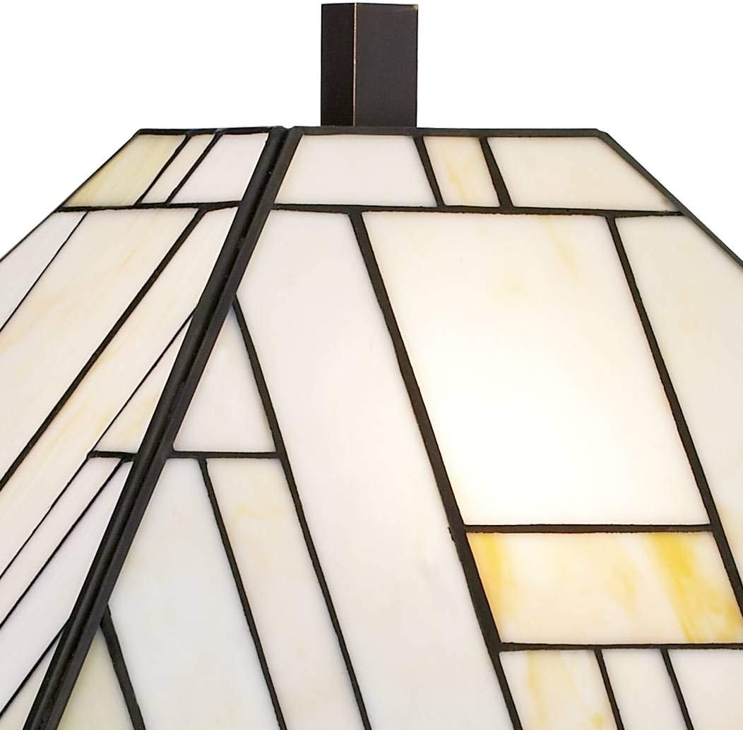Franklin Iron Works Mission Tiffany Style Table Lamp Art Deco 26.25' High Wrought Iron Dark Bronze Brown Gold White Stained Glass Shade for Living Room Bedroom House Bedside Nightstand Home Office
