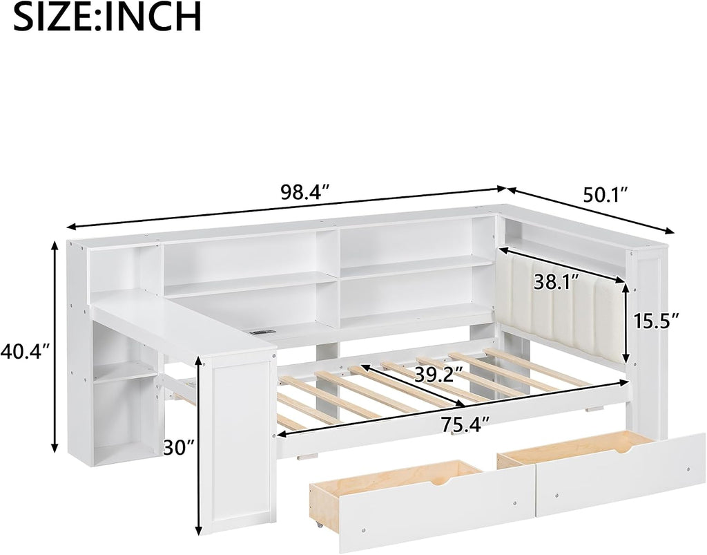 Wood Twin Size Daybed with Storage Shelves and Desk, L-Shaped Corner Platform Bed Frame with Upholstered Headboard and 2 Drawers for Office Living Room Bedroom, Space-saving (White-7.16, Twin)