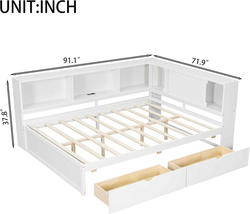 SOFTSEA Queen Size Daybed with LED Lights and 2 Drawers, L-Shaped Corner Bed Frame with Bookcase and Storage Shelves, White