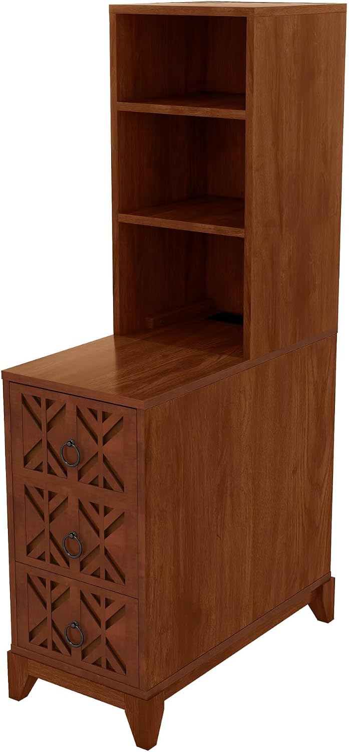 JIJIWANG 23.6' L End Table with 3 Drawers, Corner Table with 2 Open Shelves, Tall Side Table for Bedroom and Corner, Walnut,Expect Arrival Date, Natural