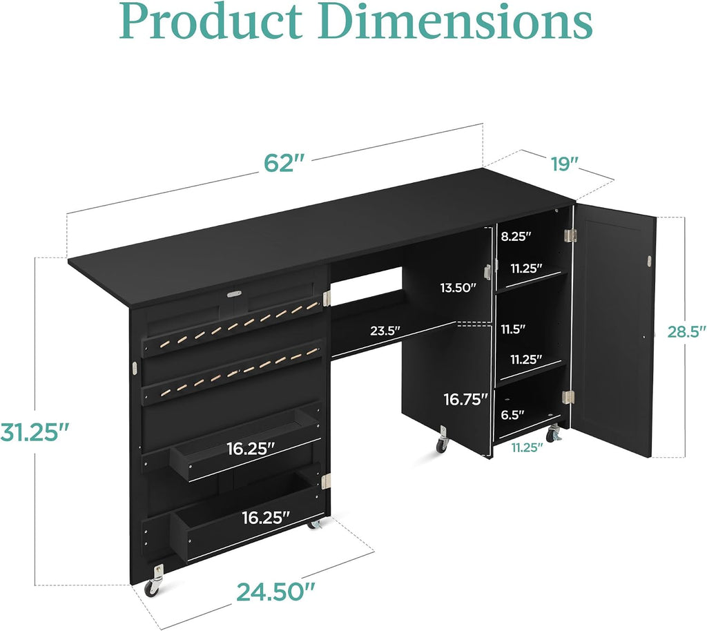 Best Choice Products Large Folding Sewing Table, Multipurpose Portable Craft Station & Side Desk w/Compact Design, Caster Wheels, Storage Shelves, 2 Storage Trays, Magnetic Doors - Black