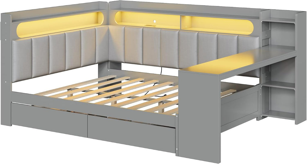 CITYLIGHT Full Size Daybed with Storage Drawers and Upholstered Headboard, Full Size Corner Bed with LED,Charging Station and Storage Shelves for Bed Room,Living Room.(Gray)