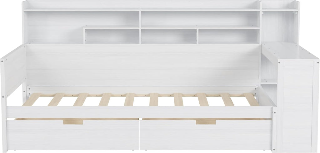 Bellemave Twin Size Corner Bed Frame with Storage Shelves and Desk, Wood Twin Daybed with Bookcase and Drawers，Twin Daybed with Storage, Antique White