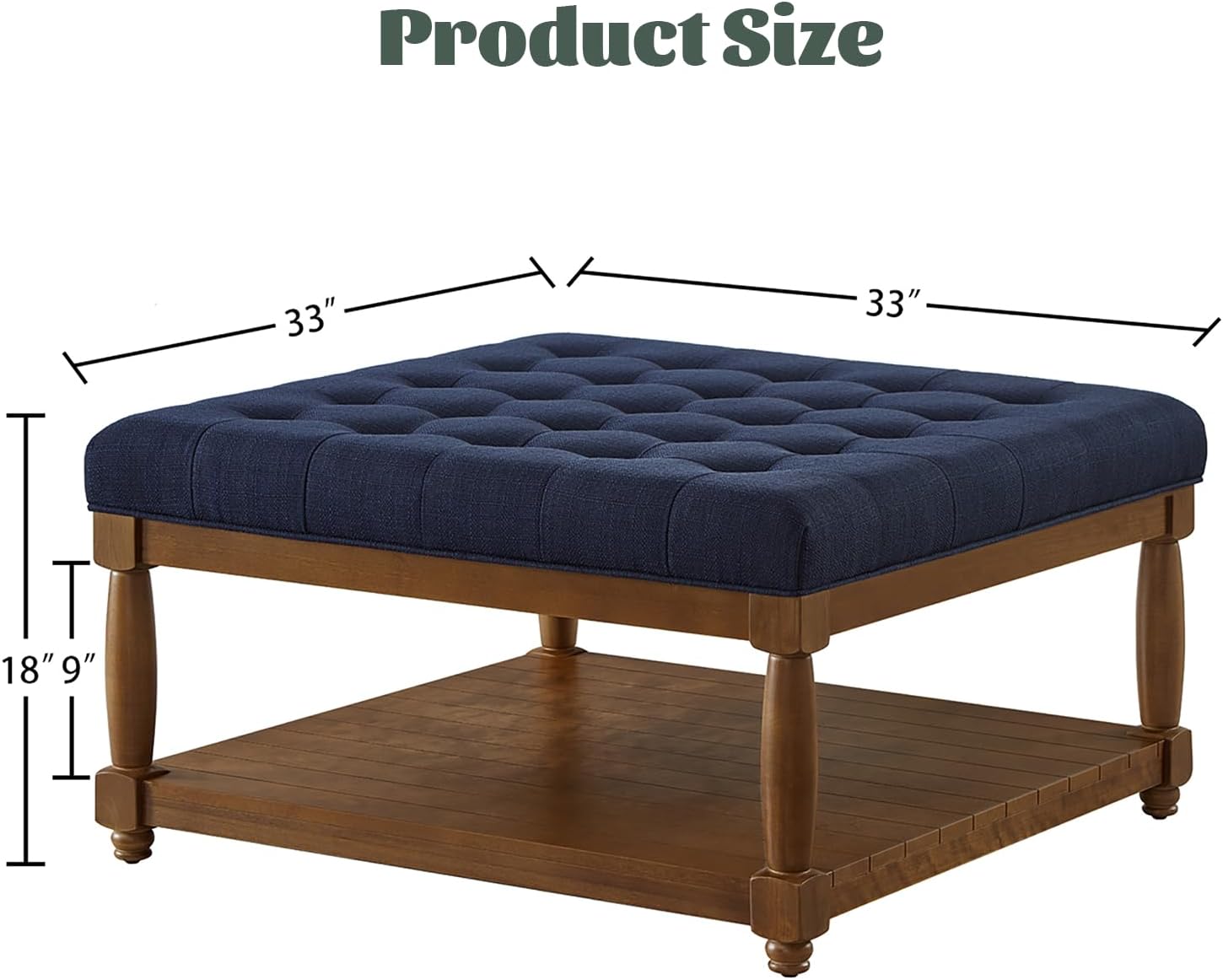 Ottoman Coffee Table, Upholstered Square Coffee Table with Storage Solid Wood Shelf, Linen Large Footrest Ottoman Pouf for Living Room, Navy Blue
