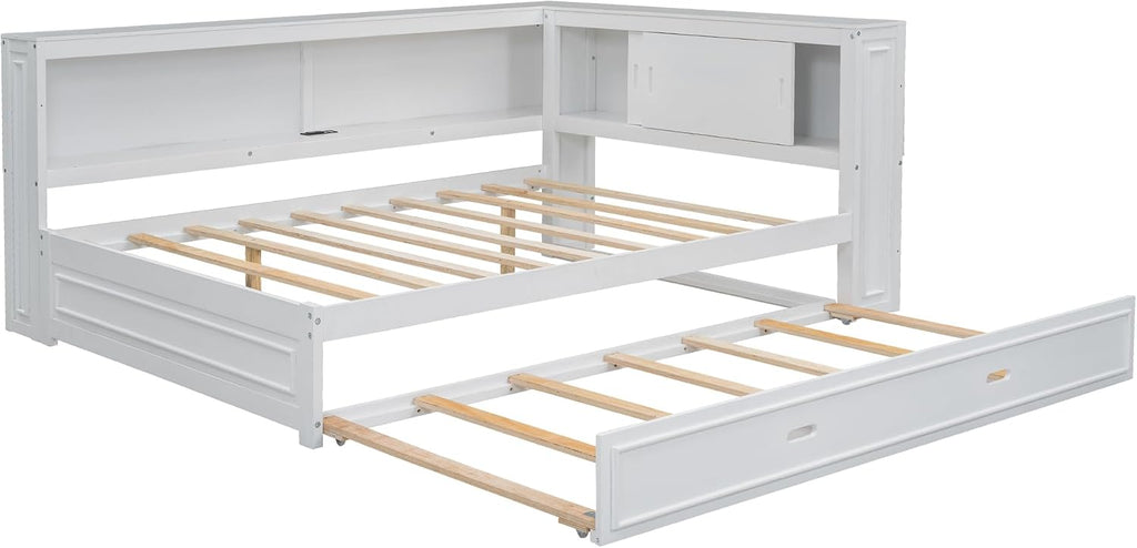 LUMISOL Full Size Corner Bed with Storage Shelves & Trundle, Wooden L-Shaped Day Bed Frame with Charging Station & LED Lighting for Living Room or Guestroom, White