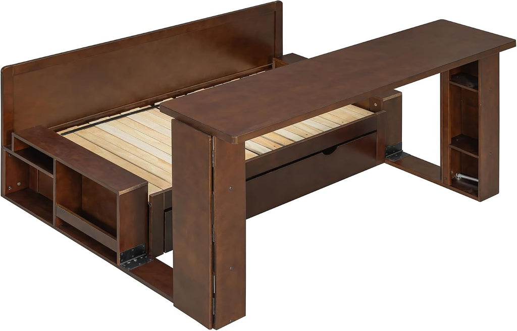 Wood Daybed Full Size with Removable Desk and Extendable Armrests, 4-in-1 Multifunctional Design Daybed Sofa Bed with Storage Drawers & Hydraulic Side Table (Espresso-11.27, Full)