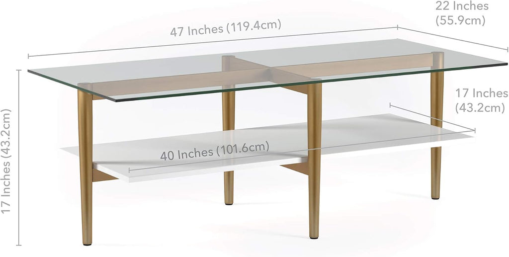 Henn&Hart 47' Wide Rectangular Coffee Table with MDF Shelf in Brass and White Lacquer, for Home, Living Room, Bedroom, Entertainment Room, Office