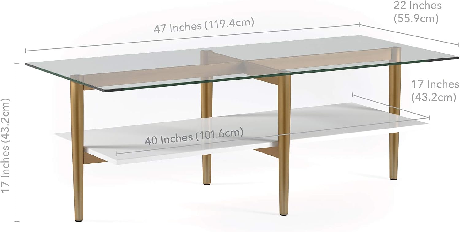 Henn&Hart 47' Wide Rectangular Coffee Table with MDF Shelf in Brass and White Lacquer, for Home, Living Room, Bedroom, Entertainment Room, Office