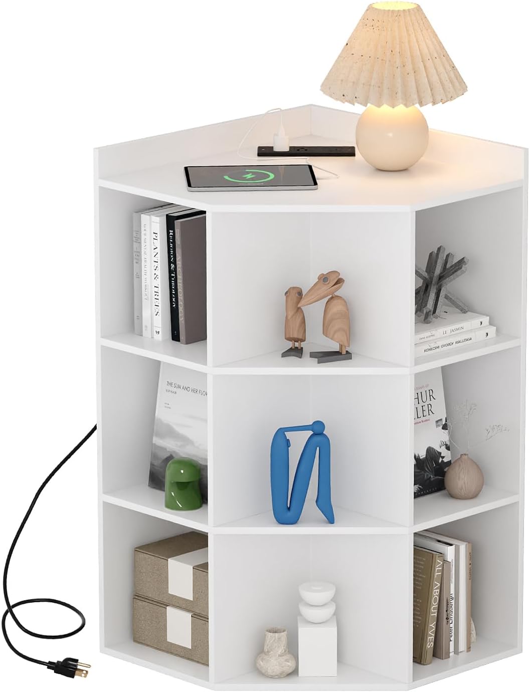 ALISENED 9 Cubes White Corner Cabinet, Corners Cube Shelf with USB Ports and Outlets, Toy Corners Storage for Small Space, Wooden Cubby Corner Bookshelf for Living Room, Bedroom, Dining Room, Kitchen