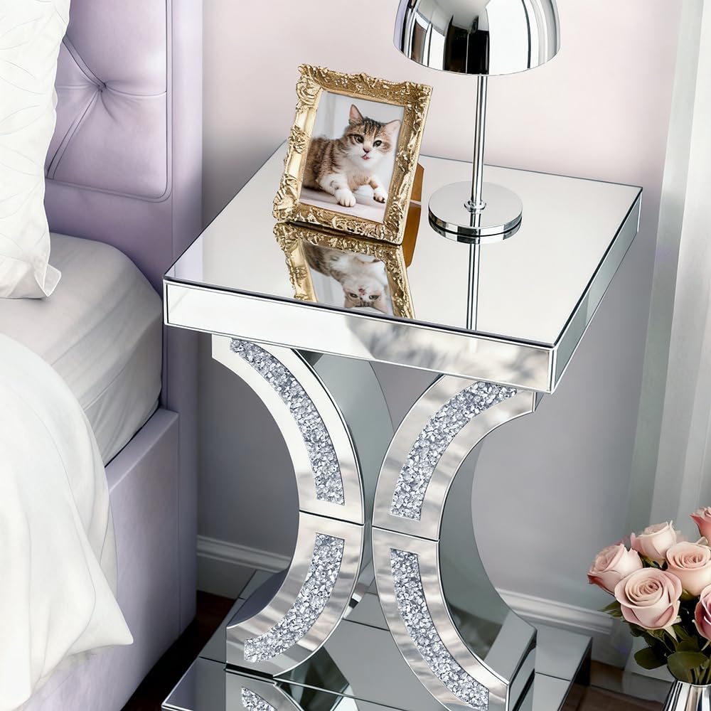 Crushed Diamond C-Shaped Mirrored End Table, Silver Side Accent Table, Small Mirrored Coffee Table for Living Room, Bedroom, 16'x12'x23'