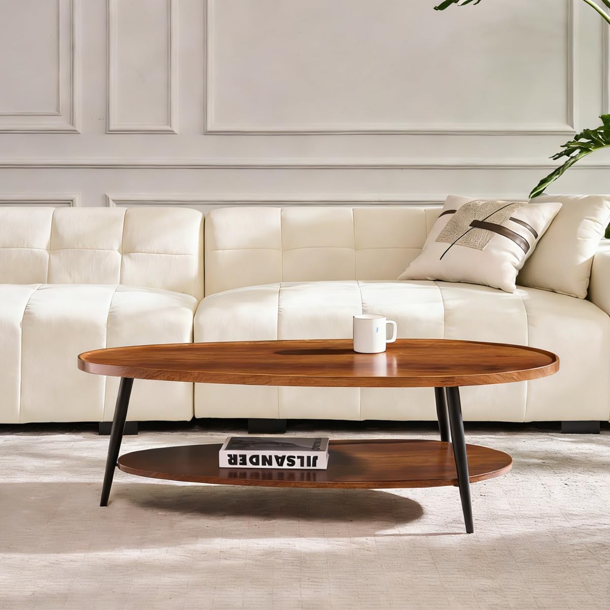 AGV Oval Coffee Table with Storage Shelf, 47' Mid Century Modern Coffee Table for Living Room, Walnut Wood Finish MDF Top with Black Metal Legs