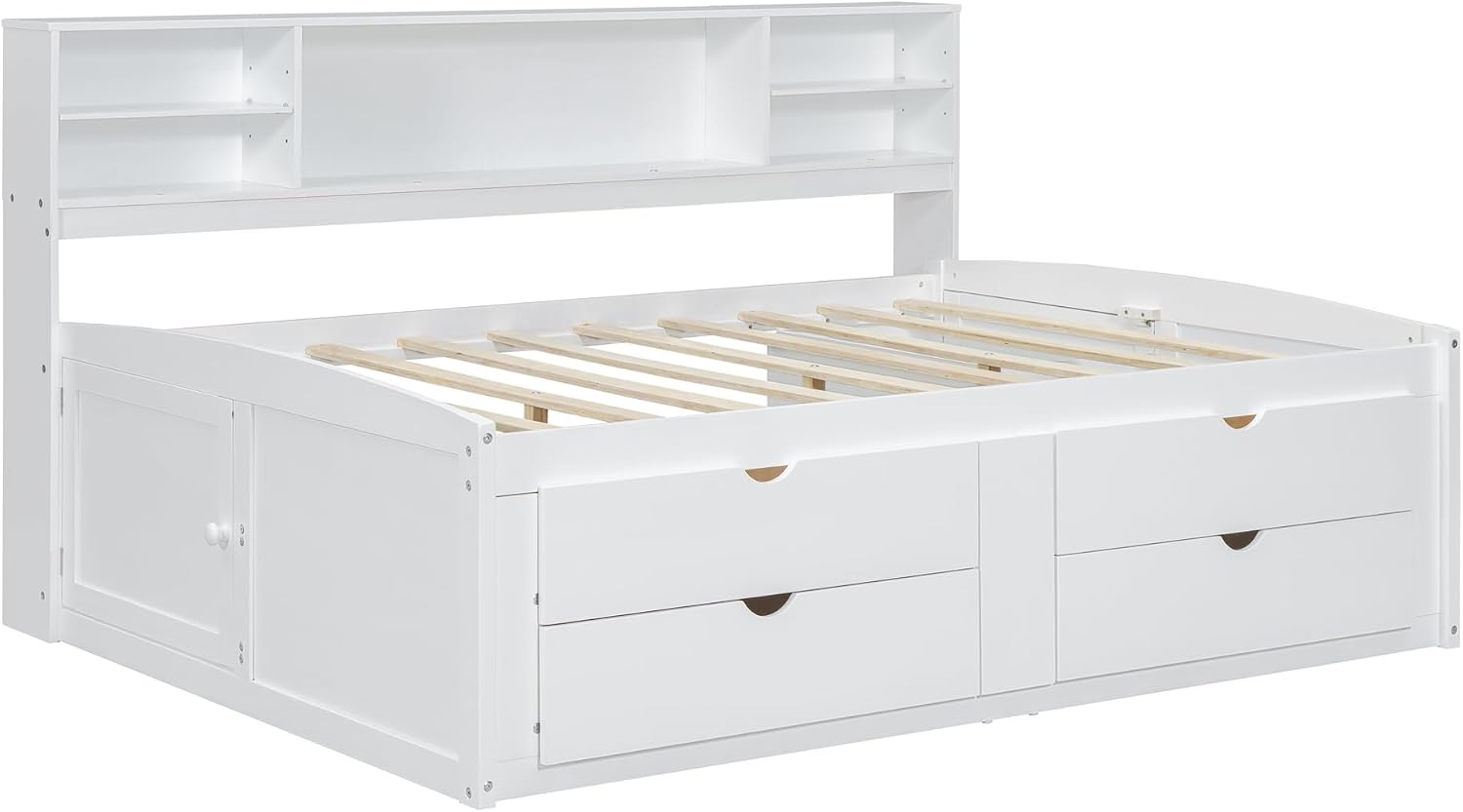 SOFTSEA Full Size Daybed with Storage Drawers, Wood Corner Bed Full with Bookcase Headboard, Wooden Captains Bed with Storage Cabinets for Kids Teens Adults, White