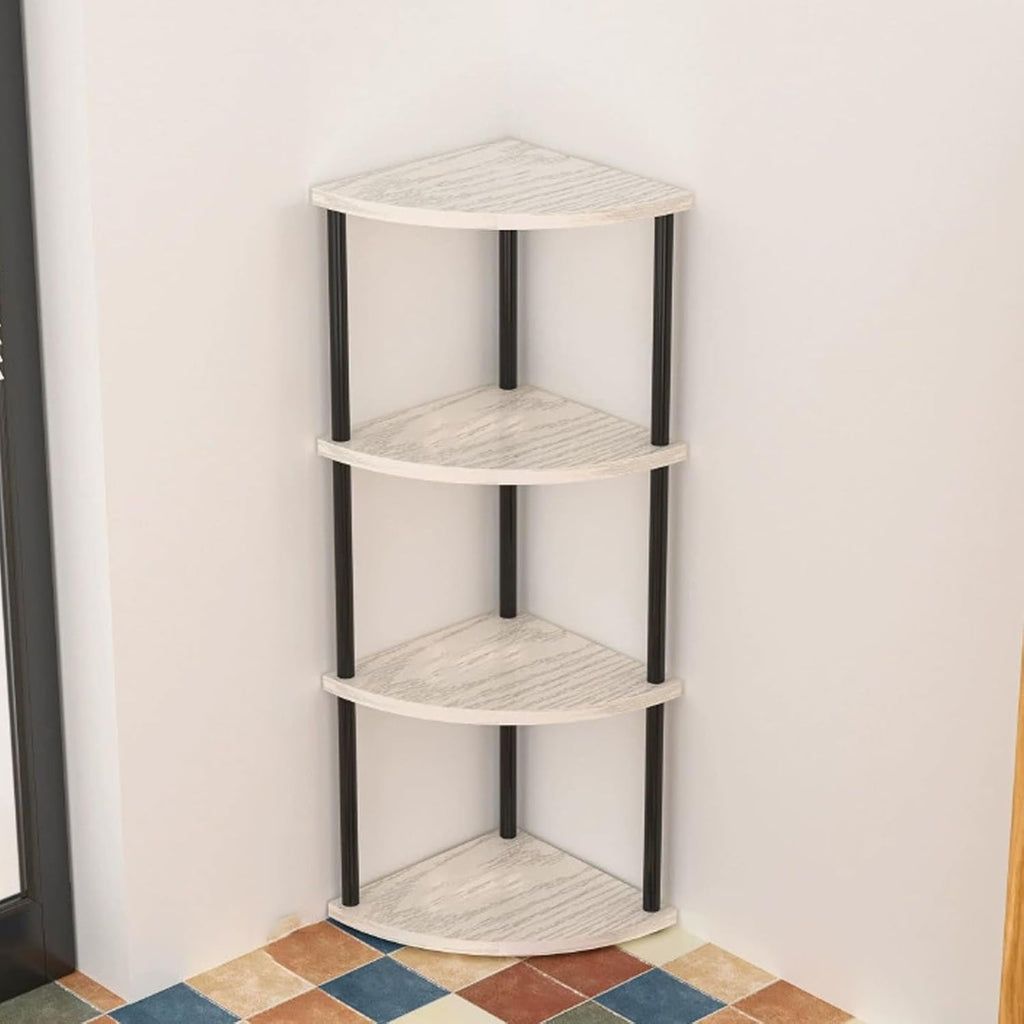 Small Corner Shelf, 3-5Tier Wall Corner Bookshelf, Free Standing Corner Bookshelf, Stylish Display Shelf for Small Space, Living Room, Bedroom(White+Black,4nd Floor)
