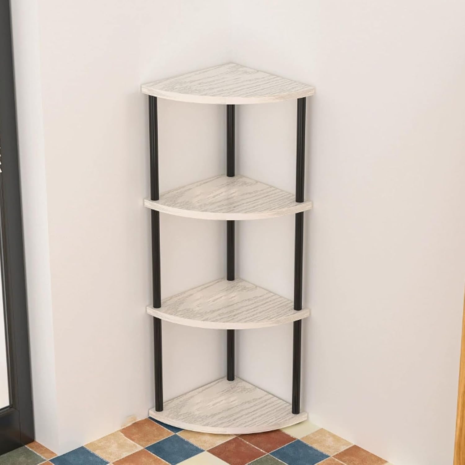 Small Corner Shelf, 3-5Tier Wall Corner Bookshelf, Free Standing Corner Bookshelf, Stylish Display Shelf for Small Space, Living Room, Bedroom(White+Black,4nd Floor)