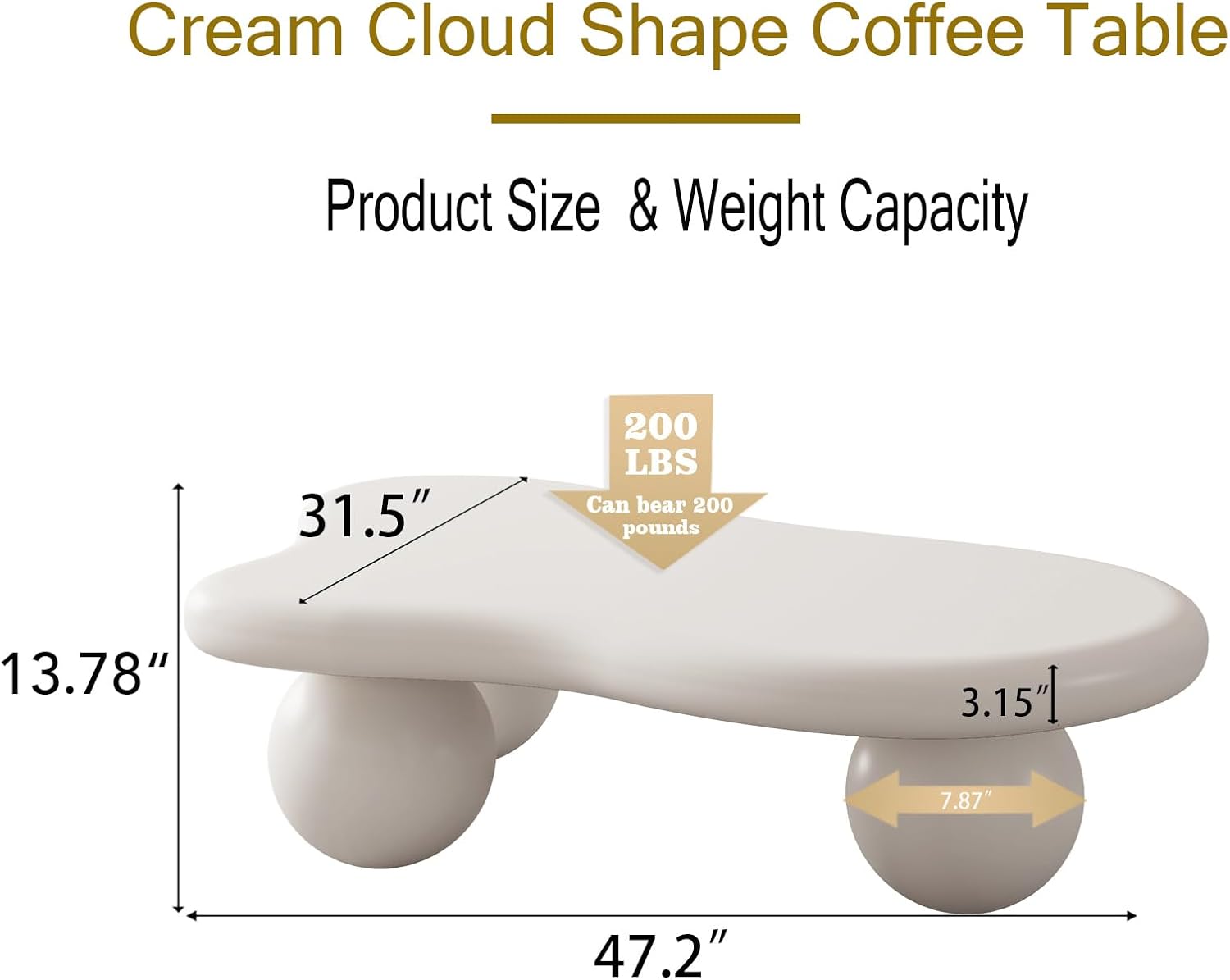 47' Cloud Coffee Table,Modern Cute End Table with Ball Legs,Small Round Edge Tea Table,Irregular Indoor Wood Coffee Table for Living Room, Bedroom, Small Space,Balcony,Patio Cream White