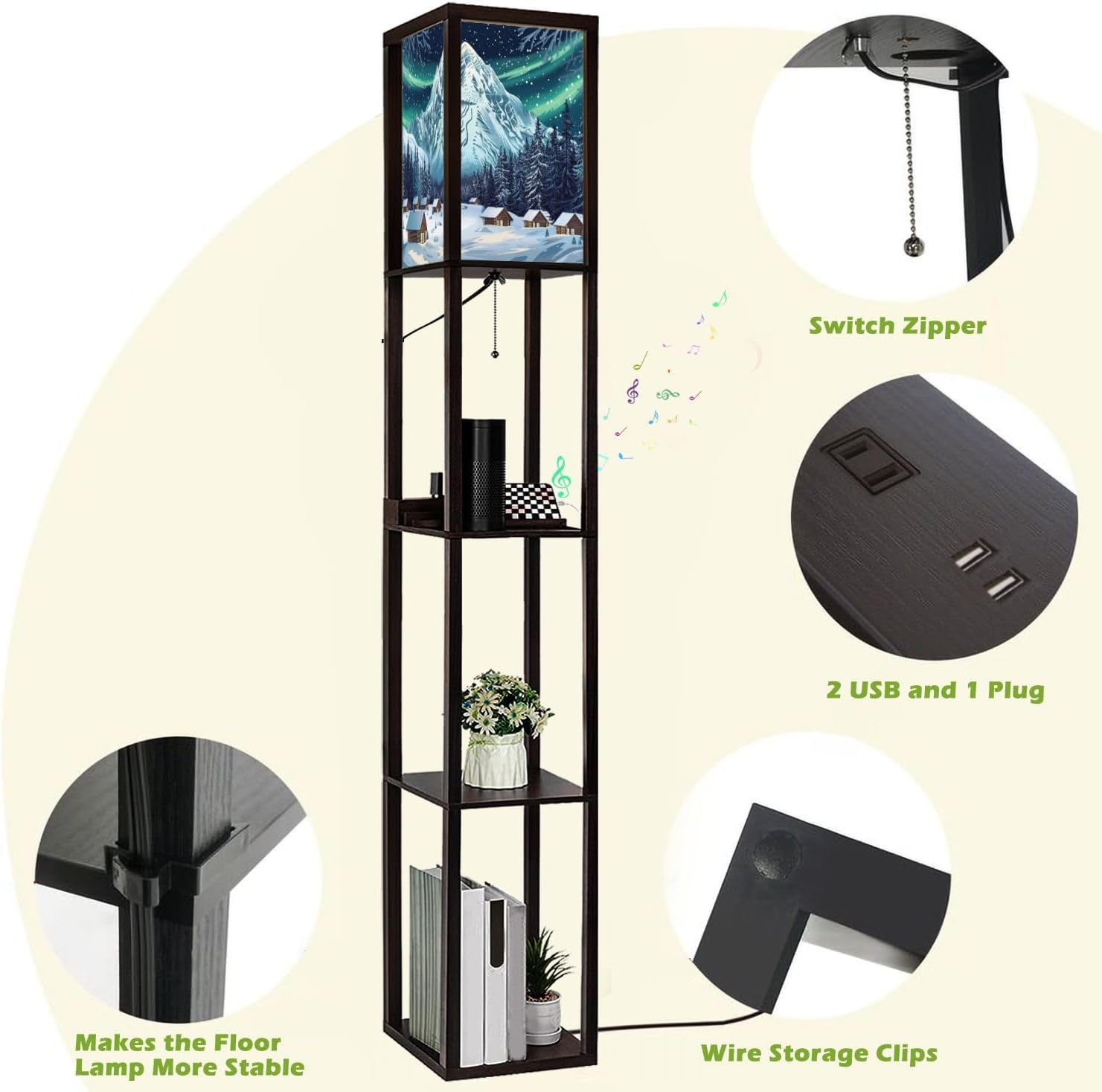 Floor Lamp with Shelves Woodcut Winter Capped Mountain Coniferous Forest Standing Tall Lamp USB Ports & Power Outlet Modern Corner Lamp Nightstand Light for Living Room Bedroom