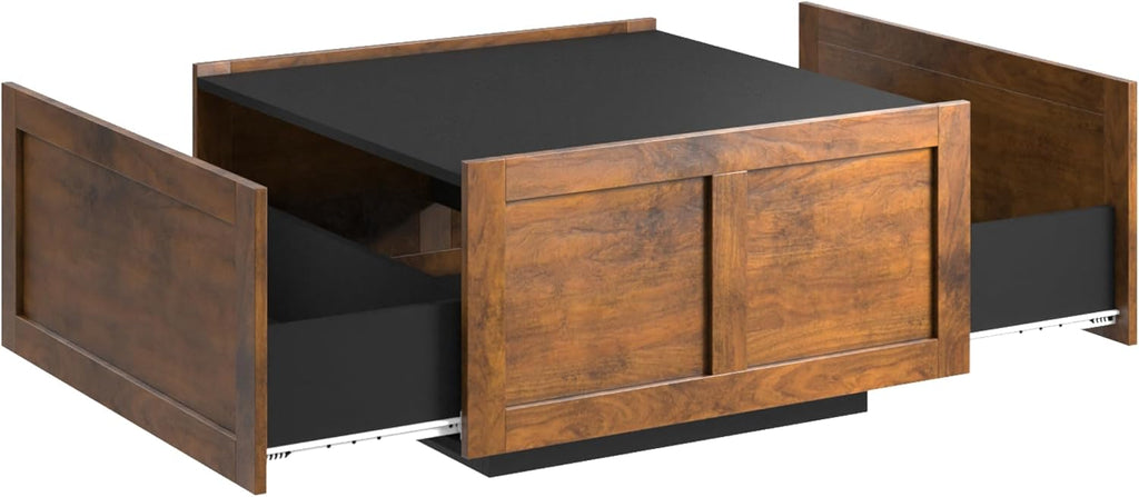 HedoAjim Farmhouse Coffee Table with 2 Storage Drawers for Living Room Square Center Middle Table Modern Cocktail Table Contemporary Mid Century Wood Home Office Waiting Room, Black Rustic