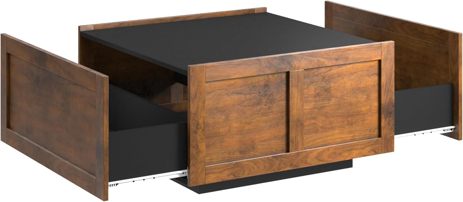 HedoAjim Farmhouse Coffee Table with 2 Storage Drawers for Living Room Square Center Middle Table Modern Cocktail Table Contemporary Mid Century Wood Home Office Waiting Room, Black Rustic
