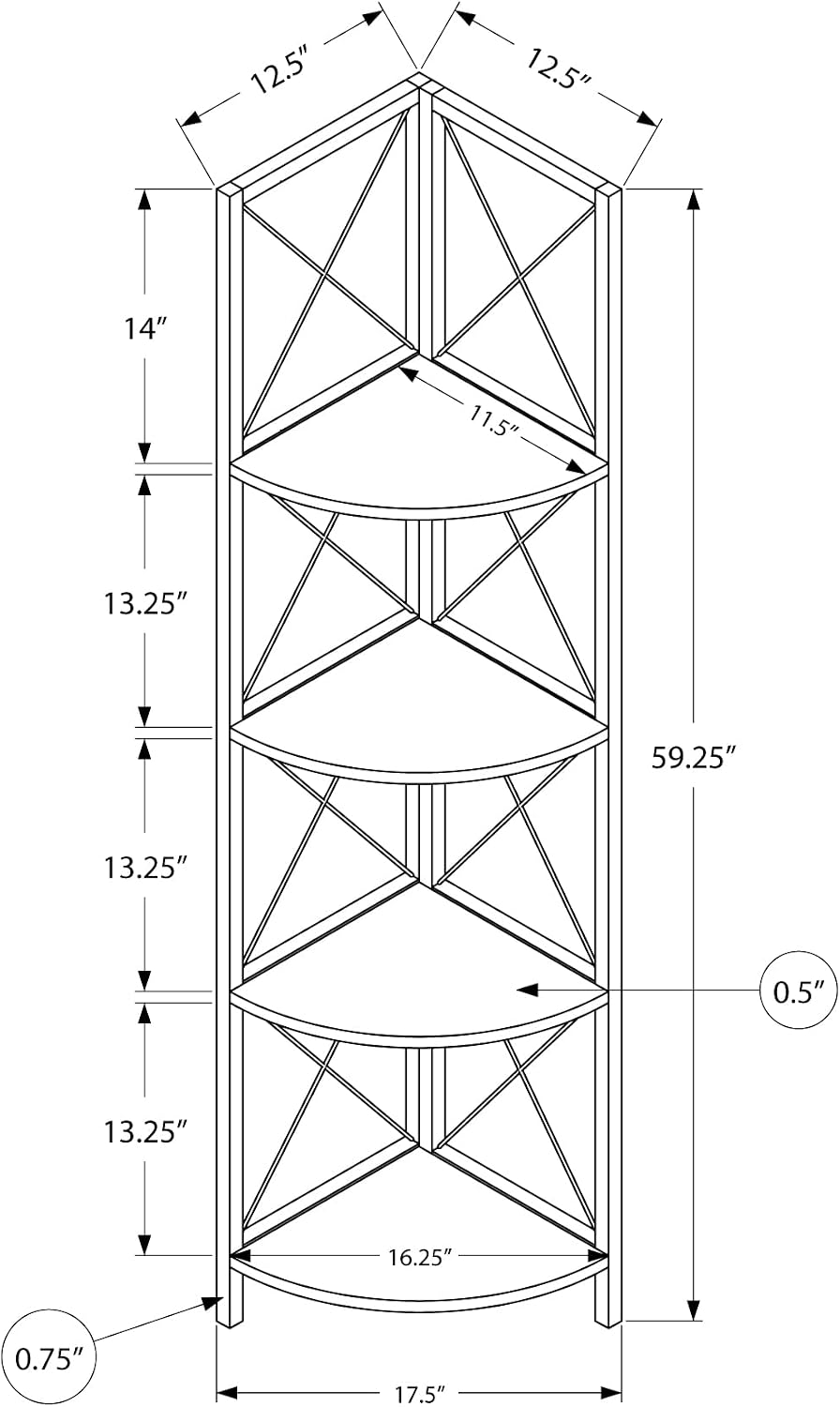 Bookshelf, Bookcase, Etagere, Corner, 4 Tier, 60' h, Office, Bedroom, Grey Laminate, Black Metal,