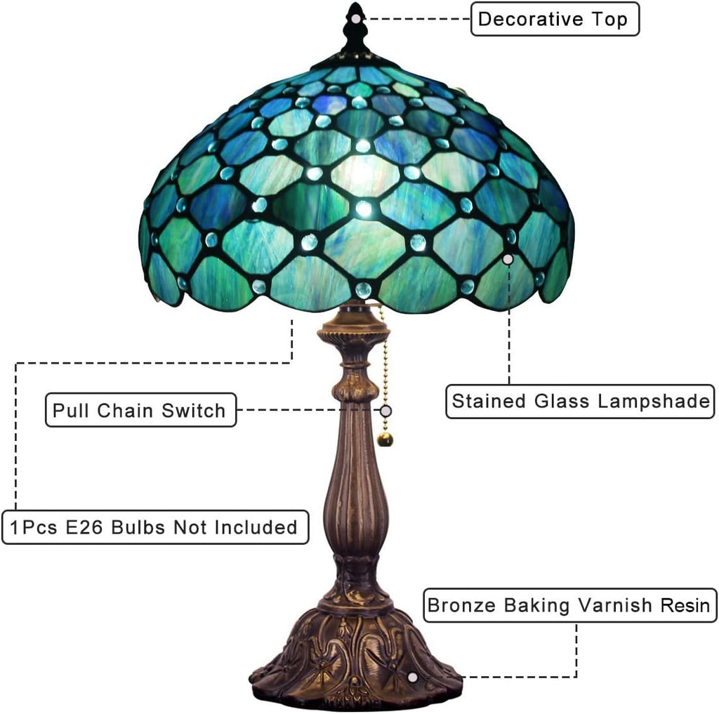 Tiffany Table Lamp Stained Glass Lamp 12X12X19 Inch Antique Reading Light (Sea Blue Pear)