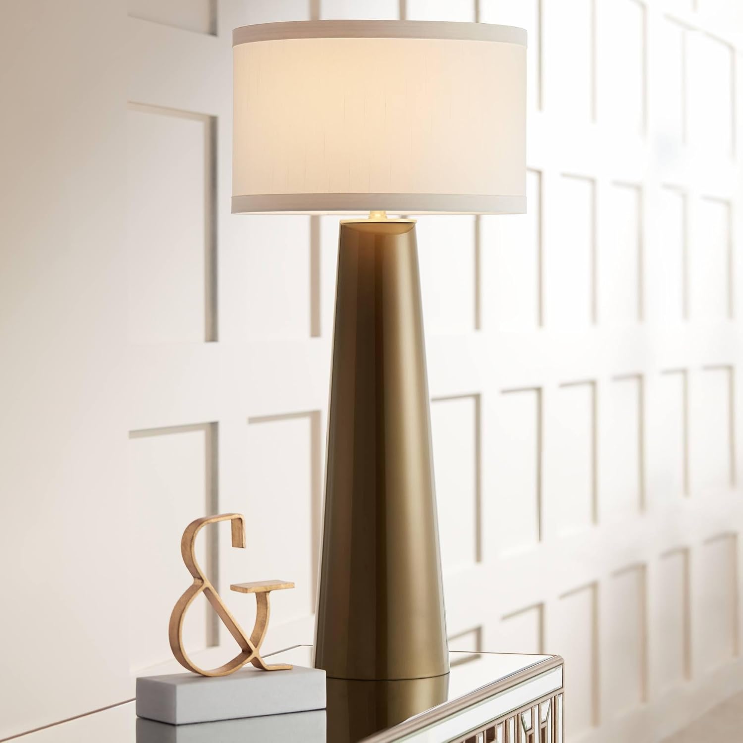 Possini Euro Design Karen Modern 3-Way Table Lamp 36' Tall with Dimmer Dark Gold Glass Column Off White Fabric Drum Shade for Bedroom Living Room House Bedside Nightstand Home Office Entryway Family
