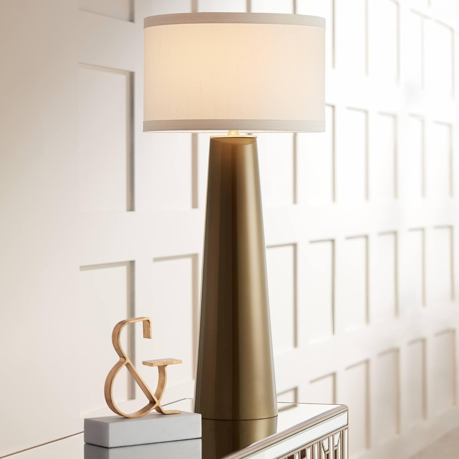Possini Euro Design Karen Modern Table Lamp 36' Tall with USB Dimmer Dark Gold Glass Column Off White Fabric Drum Shade for Bedroom Living Room House Bedside Nightstand Home Office Entryway Family