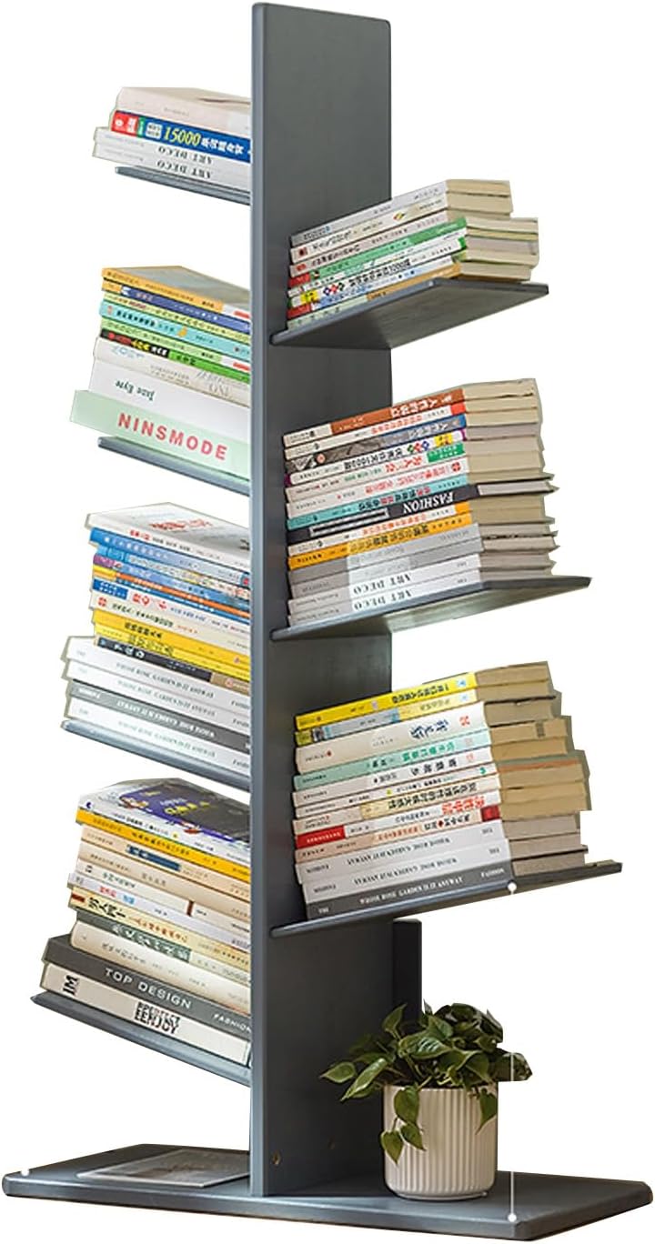 Bamboo Tree Bookshelf Organizer for Living Room and Home Office Modern Standing Bookcase for Cds Albums Books and Files Stylish Corner Shelf for Bedroom Storag,Grey-120cm/47.2in