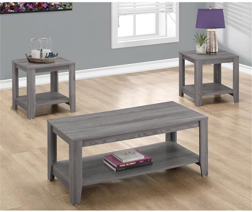 Pemberly Row Contemporary 3 Piece Coffee Table Set, Gray Sonoma Oak-Look Finish, Particle Board Laminate, Includes Coffee Table and 2 End Tables, Bottom Shelf Storage, Living Room Accent Furniture