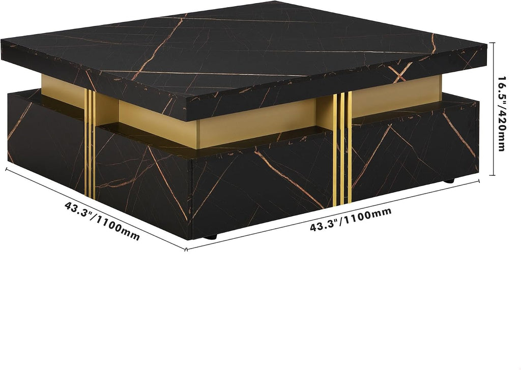 GDFStudio Barsv Modern Square Coffee Table with 4 Drawers, Stylish Storage Accent Table, Living Room Furniture with Ample Space, Remote Control Organizer, Glam Home Decor, Black + Gold