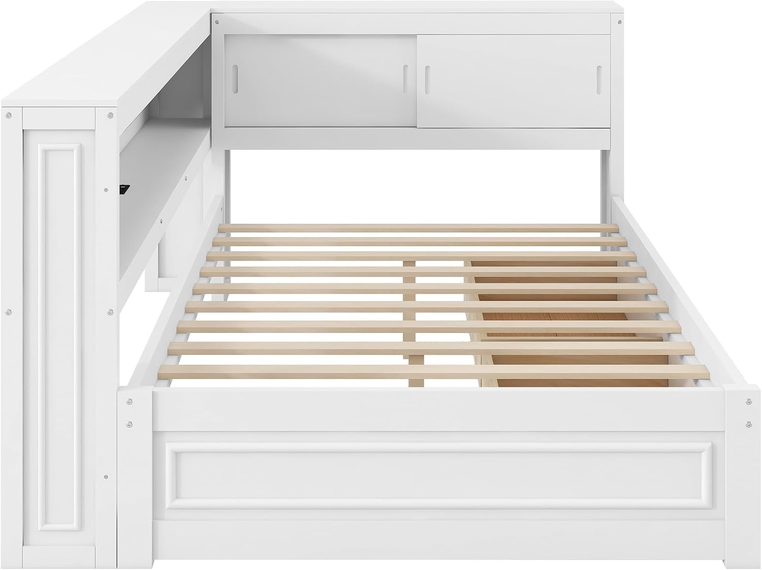 LUMISOL Full Size Corner Bed with Storage Drawers & Shelves, Wooden L-Shaped Day Bed Frame with Charging Station & LED Lighting for Living Room or Guestroom, White