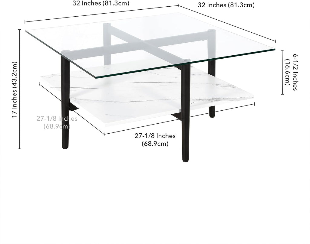 Otto 32' Wide Square Coffee Table with Faux Marble Shelf in Blackened Bronze