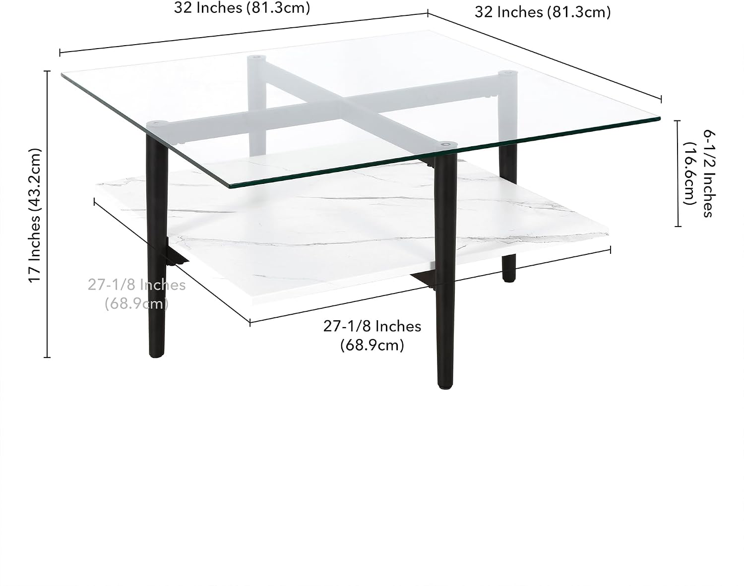Otto 32' Wide Square Coffee Table with Faux Marble Shelf in Blackened Bronze