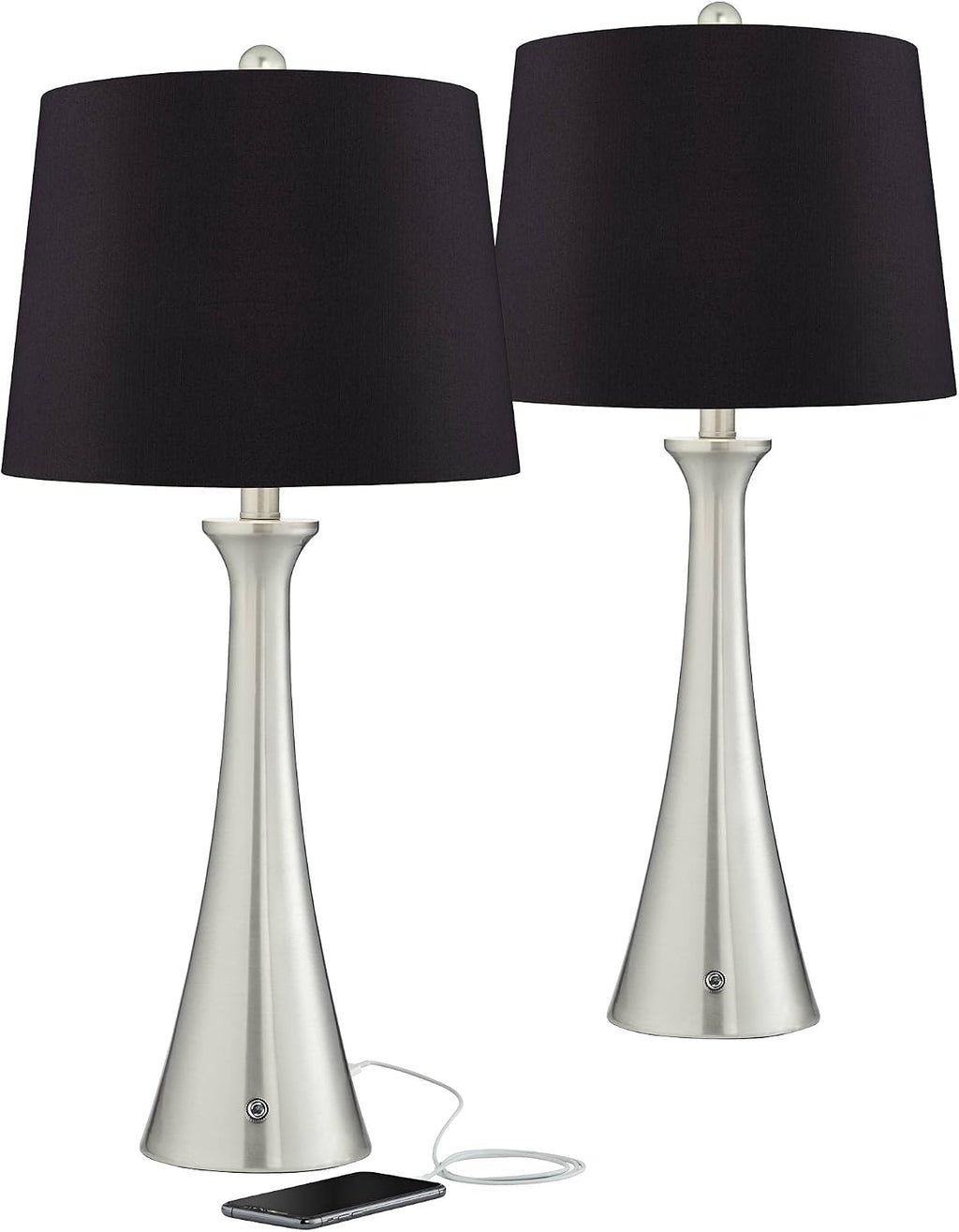 360 Lighting Karl Modern Table Lamps 27.5' Tall Set of 2 with USB and AC Power Outlet in Base Brushed Nickel Metal Black Drum Shade for Living Room Bedroom House Bedside Nightstand Home