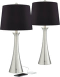 360 Lighting Karl Modern Table Lamps 27.5' Tall Set of 2 with USB and AC Power Outlet in Base Brushed Nickel Metal Black Drum Shade for Living Room Bedroom House Bedside Nightstand Home