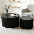 Round Nesting Coffee Table Modern Black Fluted Coffee Table Set of 2 Stripe Round Coffee Tables Circle Drum Coffee Tables Side Table Accent End Table for Living Room (Black Large)