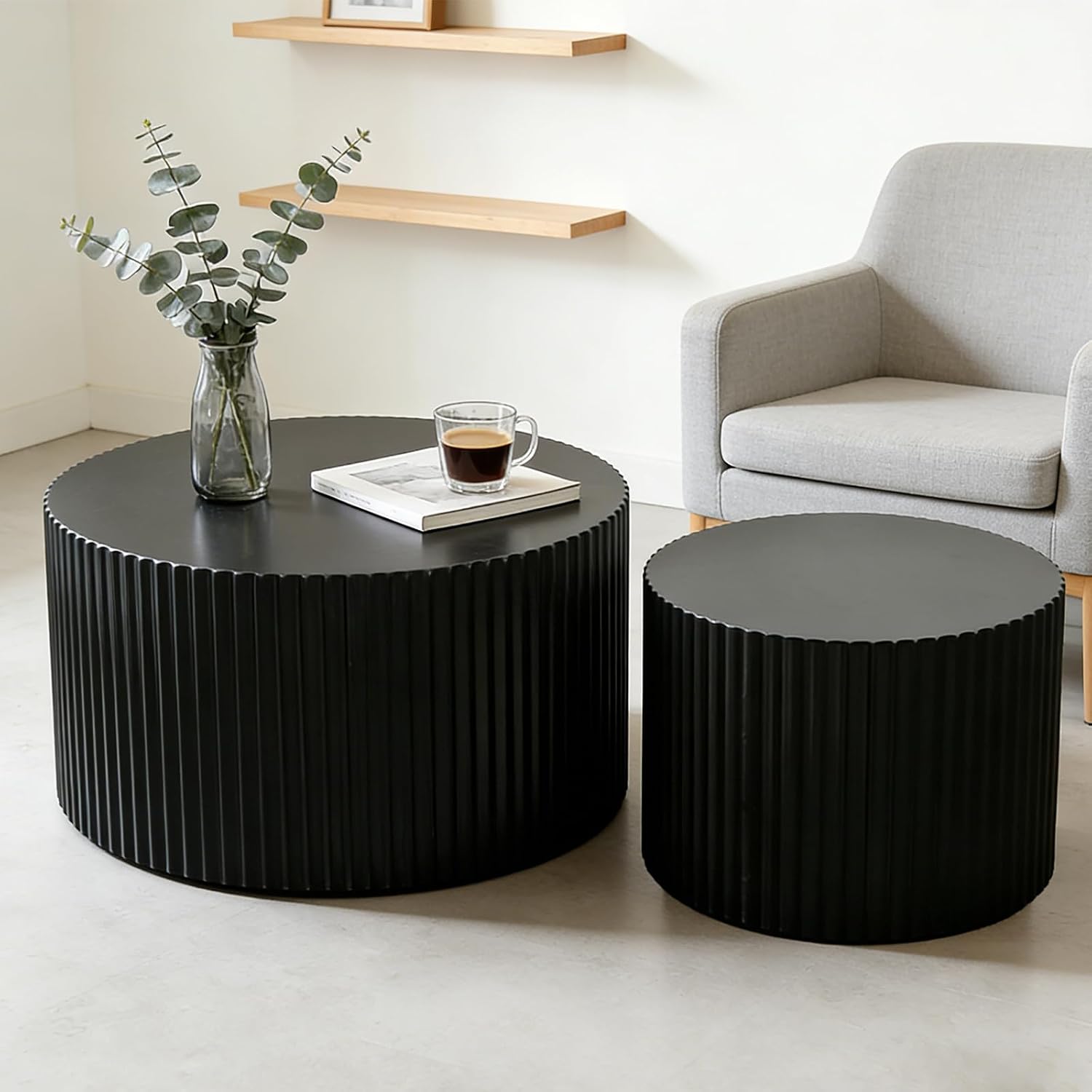 Round Nesting Coffee Table Modern Black Fluted Coffee Table Set of 2 Stripe Round Coffee Tables Circle Drum Coffee Tables Side Table Accent End Table for Living Room (Black Large)