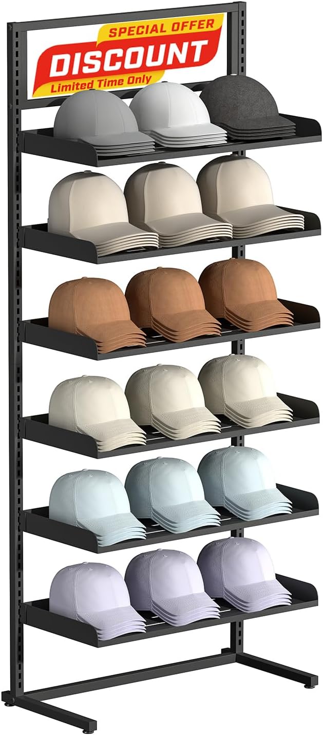 Large Hat Rack Stand, 6 Tier Adjustable Hat Organizer, Heavy Duty Freestanding Cap Storage Holder Fits Up to 180 Hats for Baseball Caps, Cowboy Hats, Metal Shelving for Home and Commercial Use