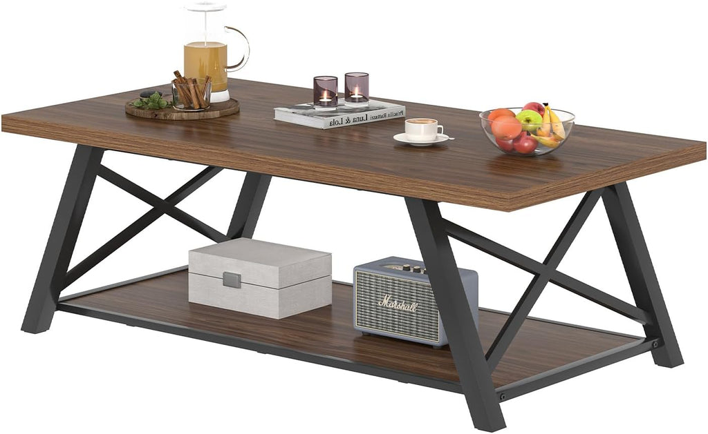 EXCEFUR Modern Coffee Table, Industrial Living Room Center Table with Storage Shelf, Rectangle Wood and Metal Cocktail Tea Table, Rustic Walnut, 47 Inch