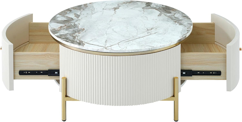 JUSTONE Modern Round White & Gold Coffee Table with Drawers,Drum Coffee Table with Golden Legs Circular Center Table with Marble Pattern Top for Living Room Apartment Office-White