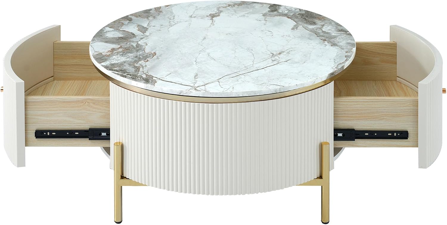 JUSTONE Modern Round White & Gold Coffee Table with Drawers,Drum Coffee Table with Golden Legs Circular Center Table with Marble Pattern Top for Living Room Apartment Office-White