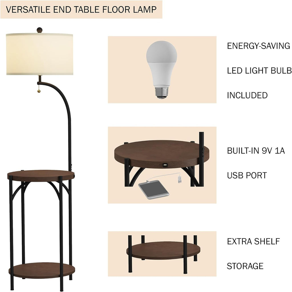 Lavish Home Floor Lamp with End Table - Modern Rustic Side Shelves with USB Charging Port, LED Light Bulb, and Drum-Shaped Shade - Standing Lights