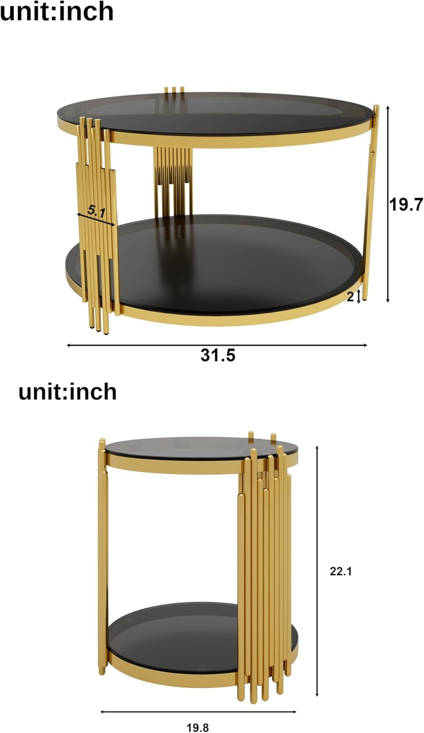 Merax Round Table Set of 3, with 1 Coffee Table & 2 End Tables, Black Mirror, Asymmetrical Metal, Gold Finish & Lower Shelf, for Living Room Apartment, Black