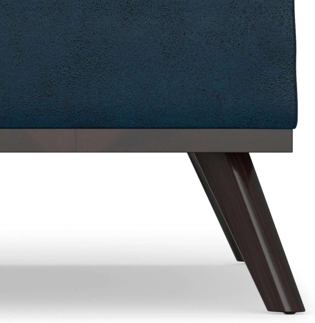 SIMPLIHOME Owen Square Coffee Table Storage Ottoman - 36 inch Wide Upholstered Vegan Leather Lift-Top Ottoman in Distressed Dark Blue, Mid-Century Modern Ottoman for Living Room with Tufted Detail
