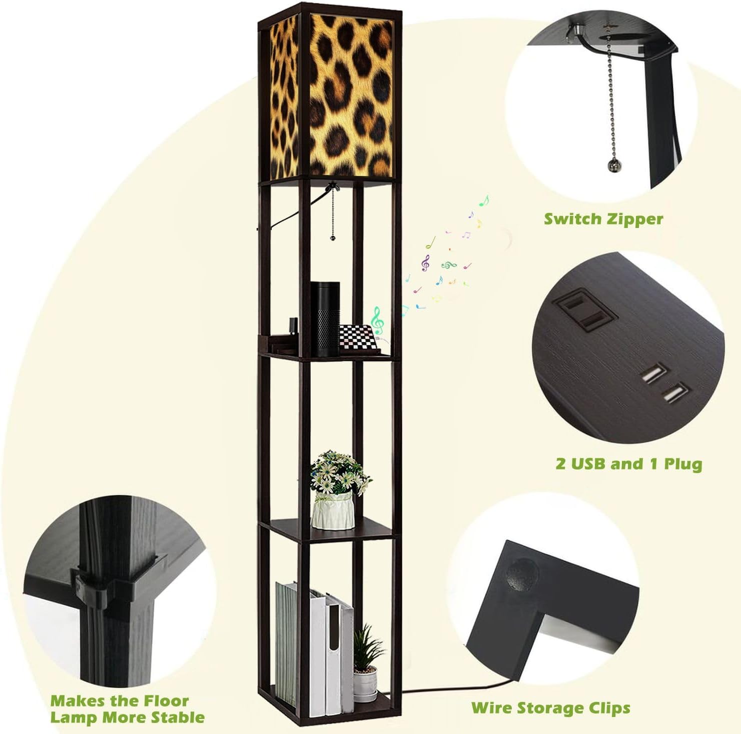 Floor Lamp with Shelves Leopard Cheetah Animal Print Seamless Tile Standing Tall Lamp USB Ports & Power Outlet Modern Corner Lamp Nightstand Light for Living Room Bedroom